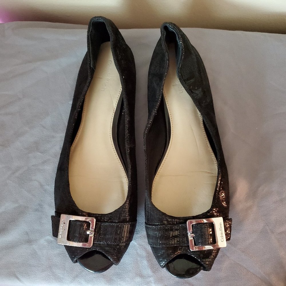 Calvin Klein Black Buckle Peep Toe Flats